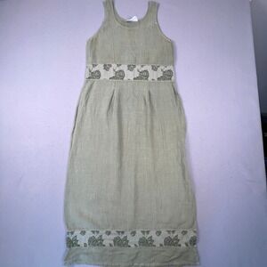 Aly Wear Linen Maxi Dress Womens L Green Floral Rose Boho Cottagecore Sleeveless